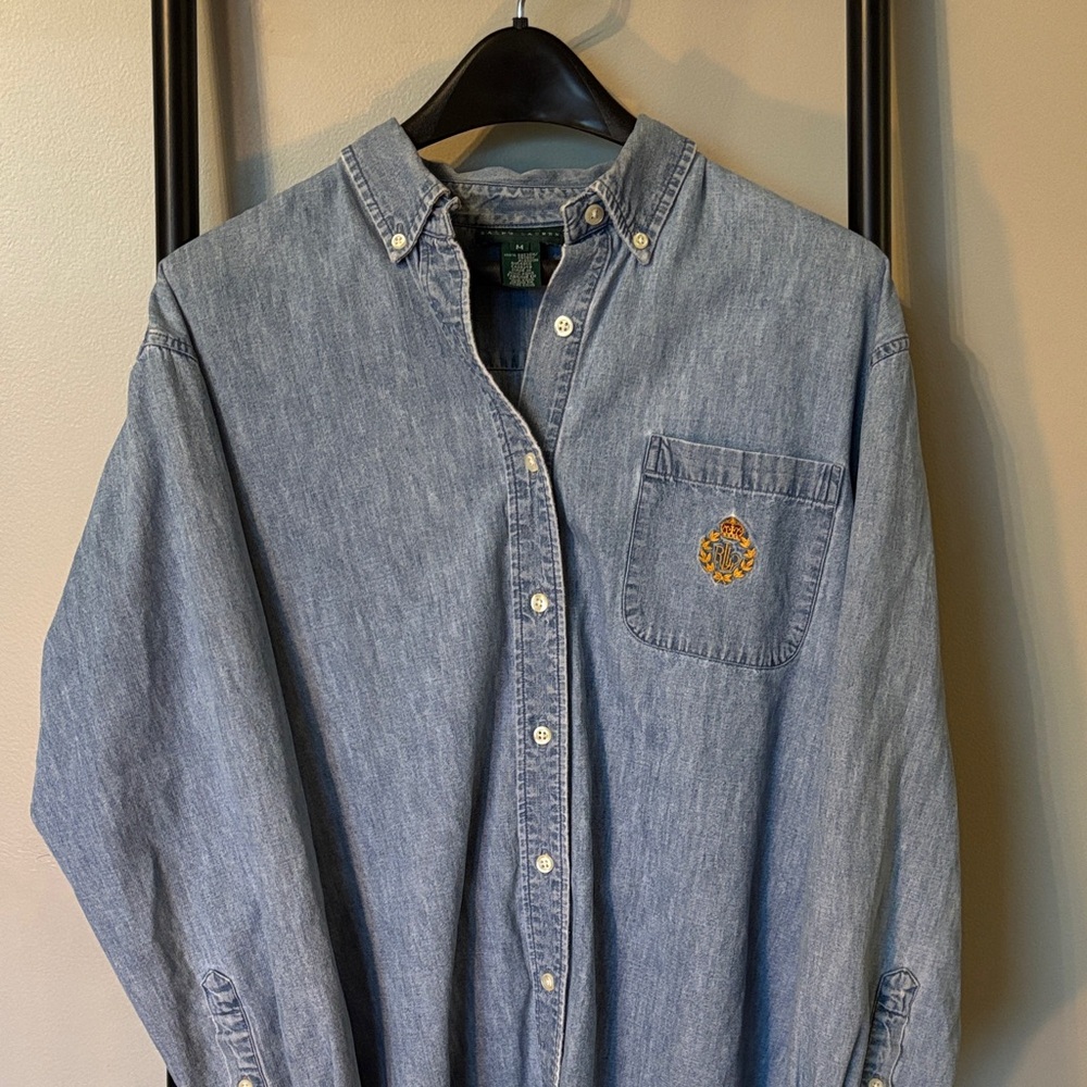 Vintage Lauren Ralph Lauren Light Blue Denim Button-Down Shirt with Chest Crest